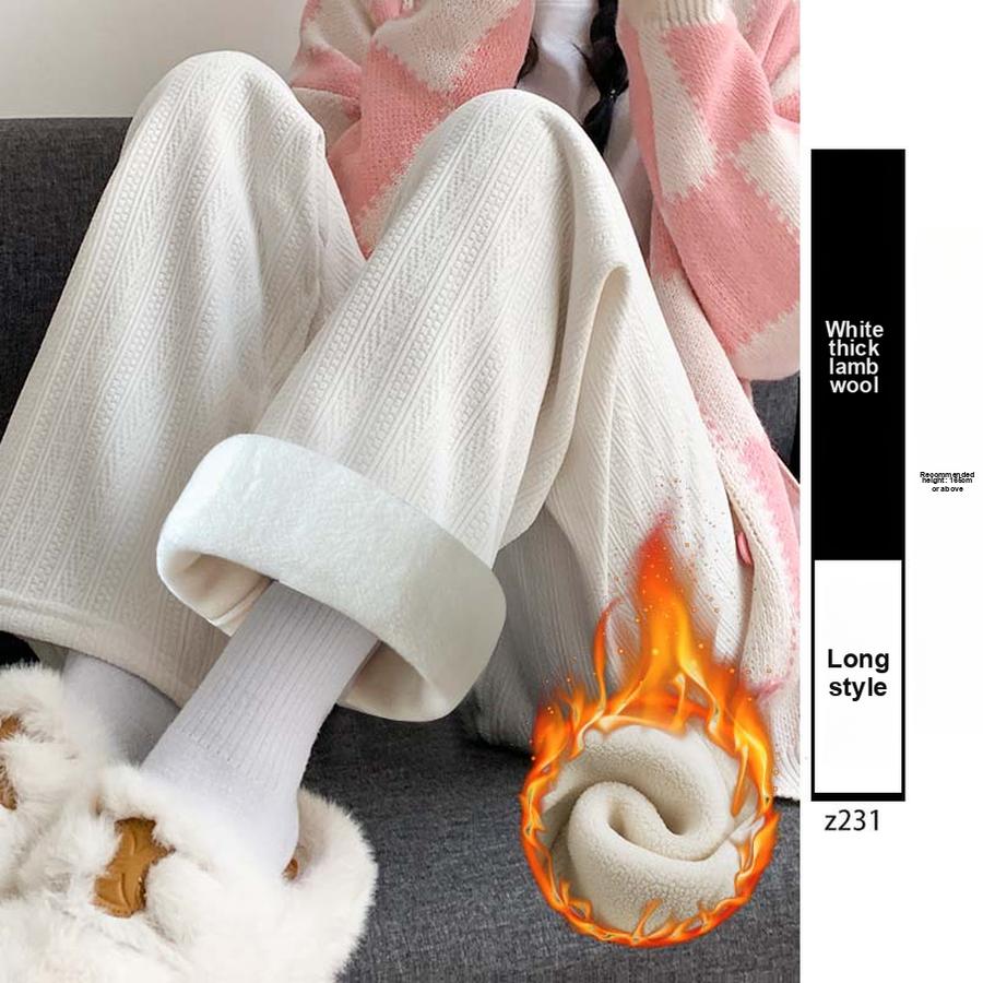 Wide Leg Fleece Knit Pants for Women Winter Autumn High Waist Slimming Casual Thick Fleece White Pants