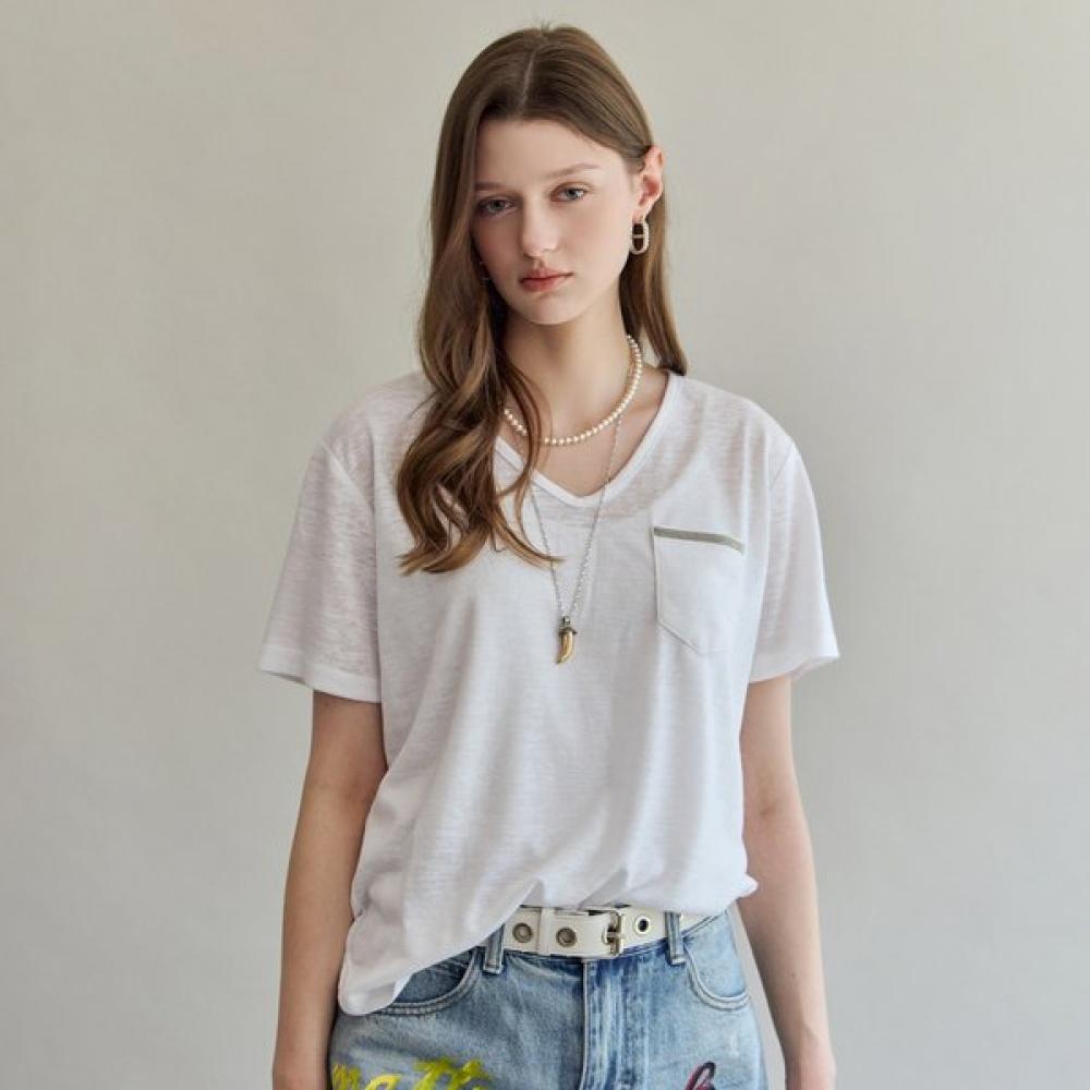 Maxza MeTallic PockeT Slub ShorT Sleeve T shirT zf06qT041na white/FREE