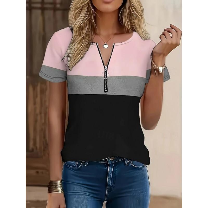 Casual Printed Zipper Front Tee Women - Relaxed Fit Short Sleeve Round Neck Top In Multiple Colors