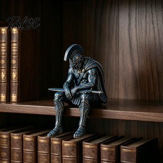 Shelf Sitter Decor Ancient Greek Warrior Statue, Sitting Soldier Figurine with Handcrafted Decorative Figures Helmet, Historical Desktop Ornament for