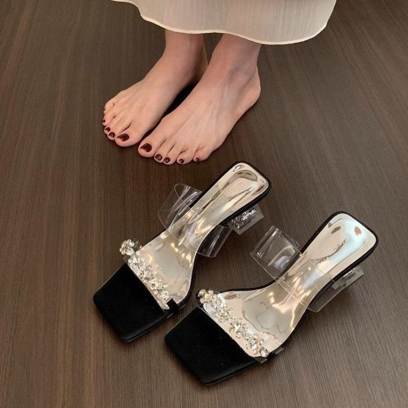 Fashion New Style Women's Water Diamond Flower Sandals with Transparent Thick Bottom Party Dress Slippers Mules High Heels Zapatos Mujer