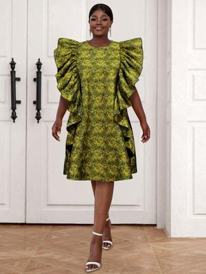 Abiti Ampi Jacquard Rosa per Donna Scollo O Senza Maniche Volant Elegante Alla Moda Abito al Ginocchio Formale Completi per Compleanno Ballo di Fine Anno Taglie Forti