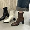 Soft leather brown round head short boots women's high heel thick heel rear zipper 2025 new winter Korean version elastic thin boots