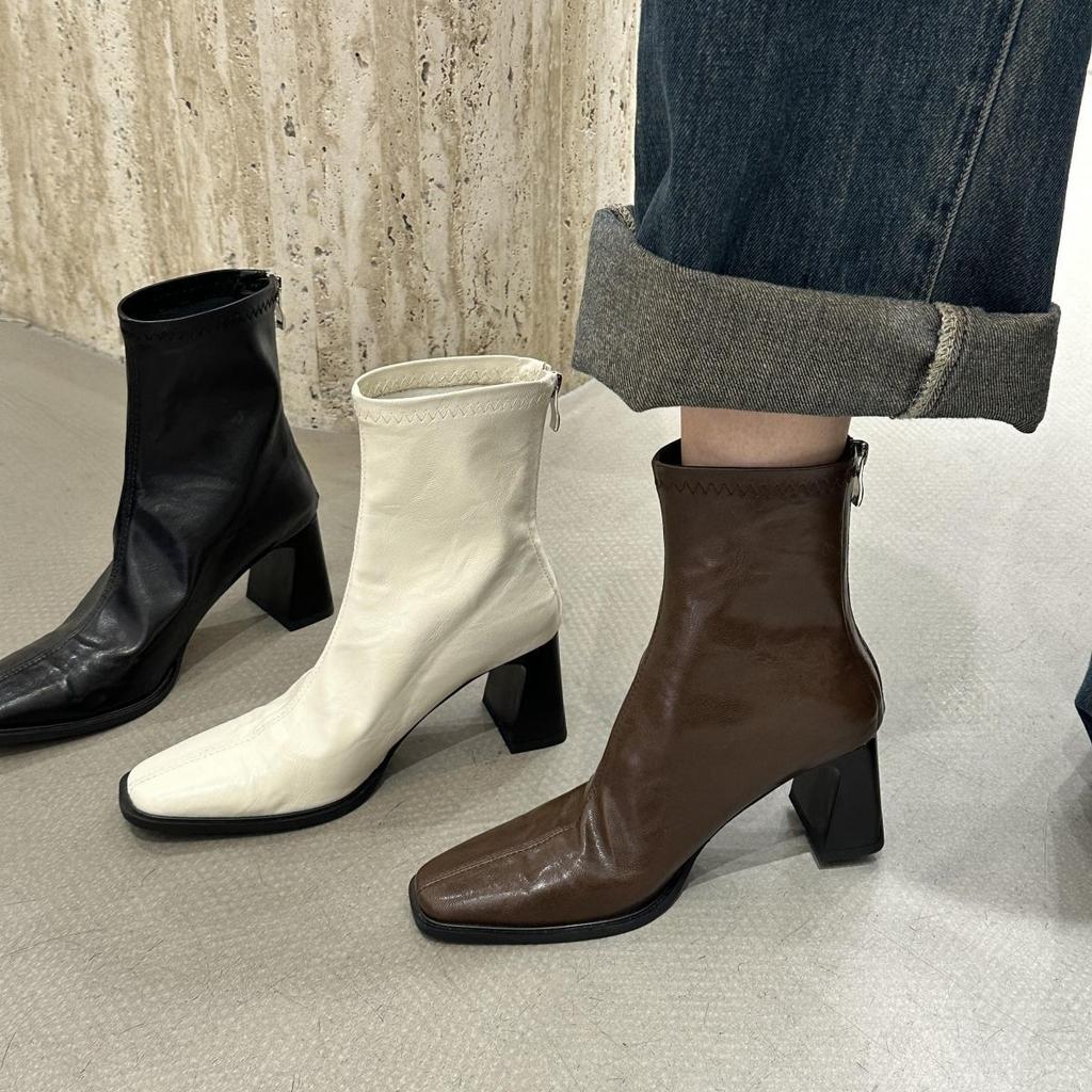 Soft leather brown round head short boots women's high heel thick heel rear zipper 2025 new winter Korean version elastic thin boots