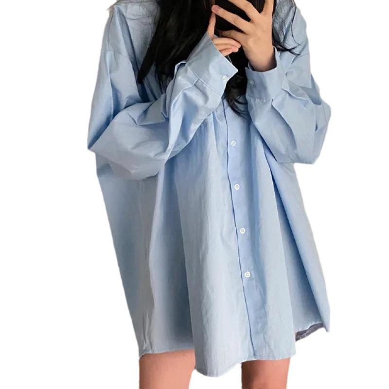 Übergröße Koreanischer Stil Blau Langarm Hemdkleid für Damen - Frühling/Herbst 2025