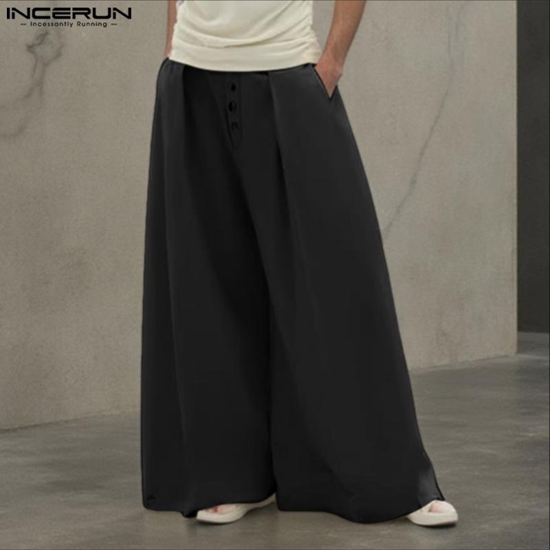 INCERUN Men Casual Elastic Waist Solid Wide Legs Pants Long Trousers with Pockets