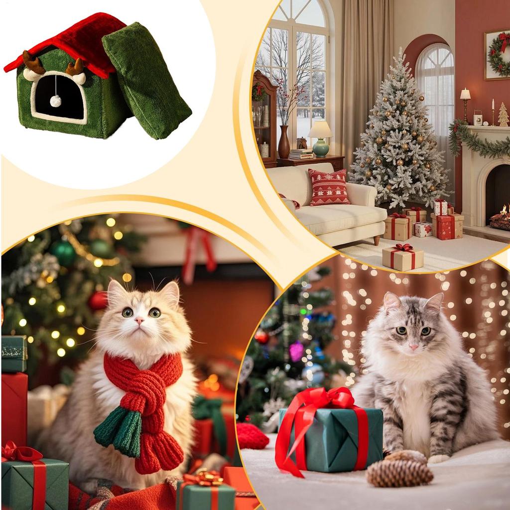 Christmas Cat House Washable Warm Furniture Christmas Cat House Winter Nest For Bedroom Living Room Balcony Playing Resting