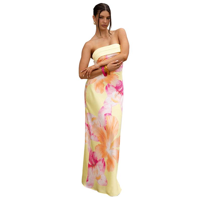 Women's Strapless Floral Print Long Dress - Spring/Summer Fashion, Resort Casual Style