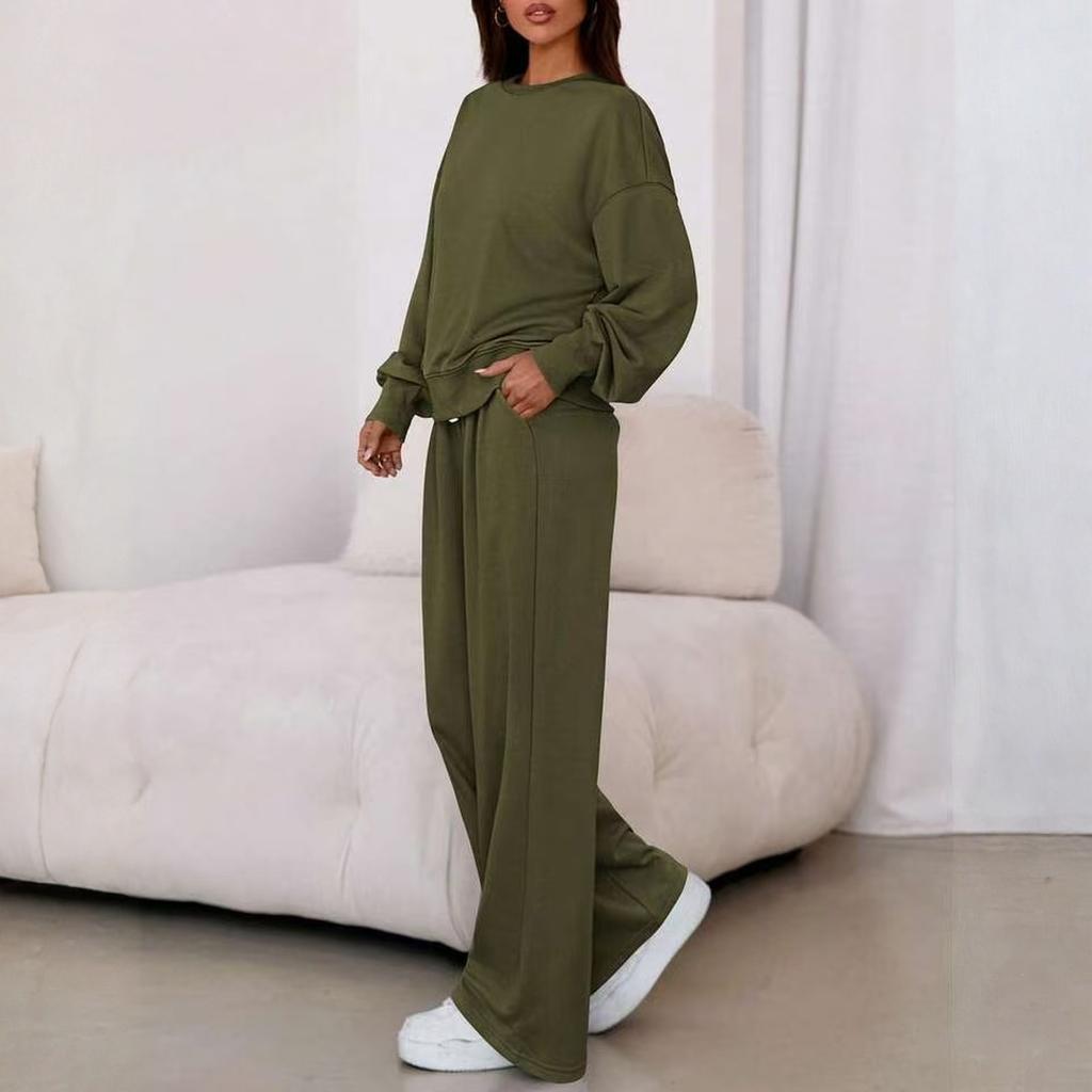 Fashion Women's Casual Suit Long Sleeved Casual Wide Leg Pants Set