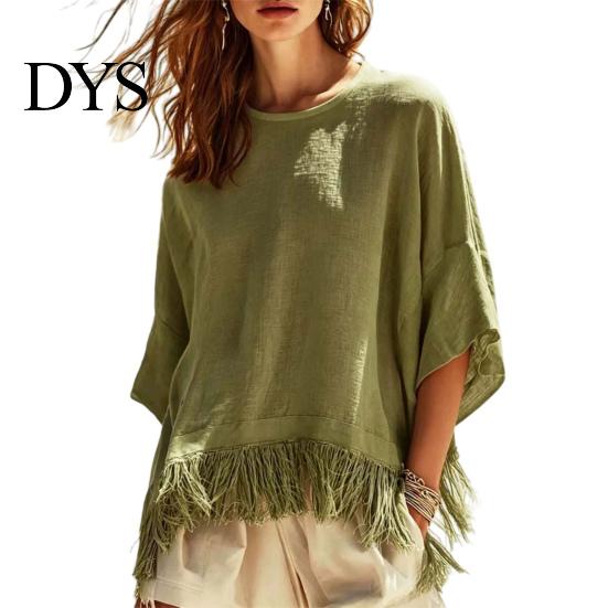 Women Fringe Shirt Solid Color with Tassels, O Neck Half Sleeve Casual Loose Fit T-shirt Blouses, Autumn Top