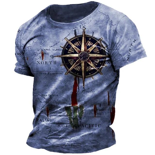 Summer Round Neck 3D Print Vintage Compass Pattern Top Fashionable Casual Short Sleeved Men's T-shirts