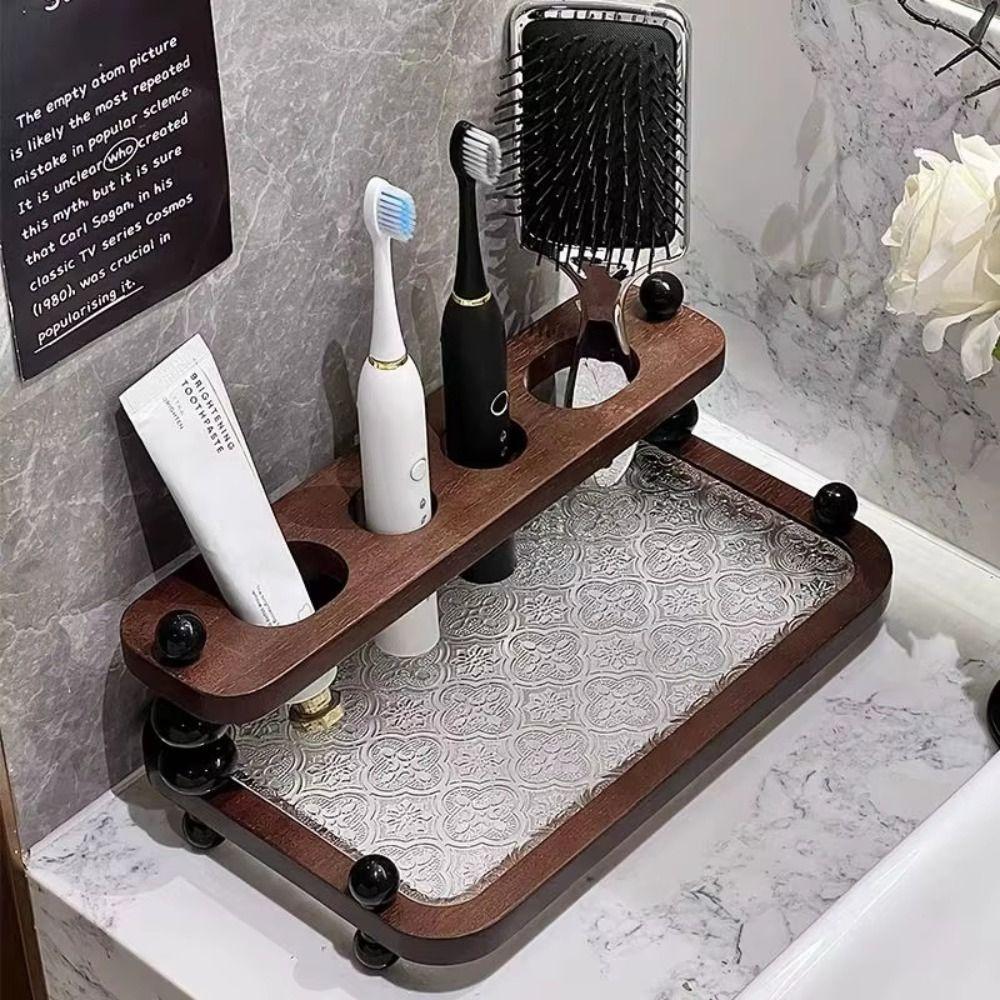 Save Space Functional Toothbrush Storage Rack Vintage Circular Arc Wooden Storage Shelf No Drilling Required Petite