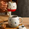 123Arts Ceramic Mug, Ladybug Coffee Mug with Spoon and Lid, Stripe Relief Cup, Water Cup