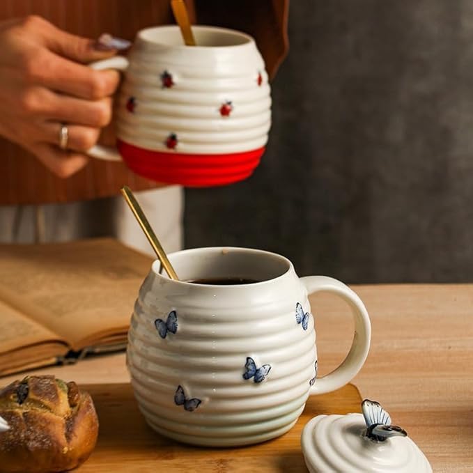 123Arts Ceramic Mug, Ladybug Coffee Mug with Spoon and Lid, Stripe Relief Cup, Water Cup