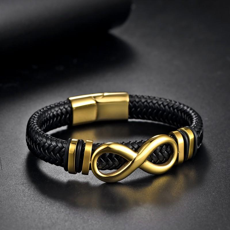 Mens Stainless Steel Infinity Symbol Braided Leather Bracelet Fashion Casual Wristband