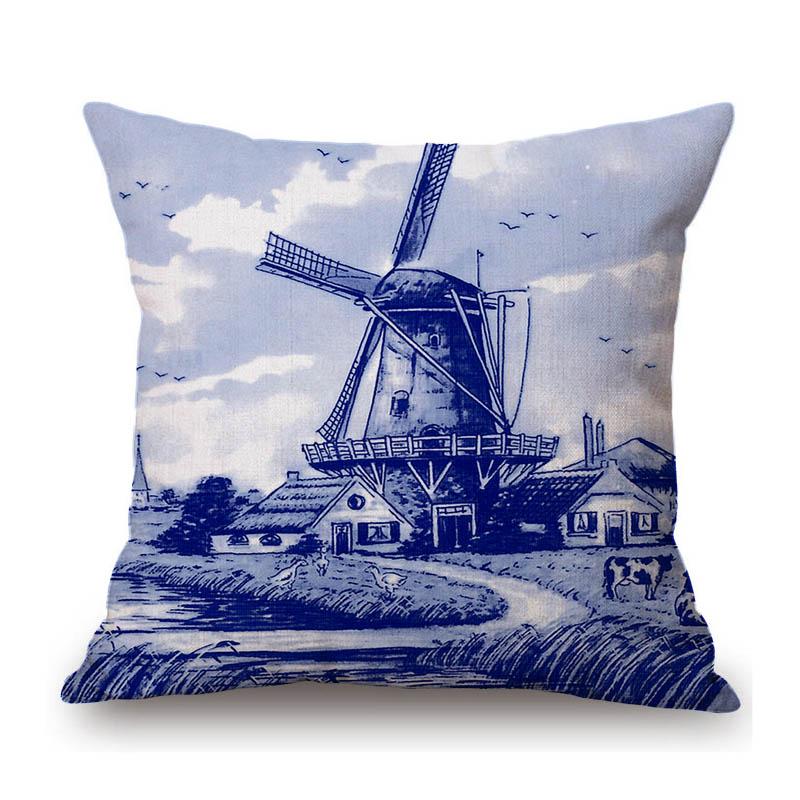 Traditional Deflt Blue Royal Holland Wildmill Toile De Jouy Art Decoration Sofa Throw Pillow Case Cotton Linen Cushion Cover