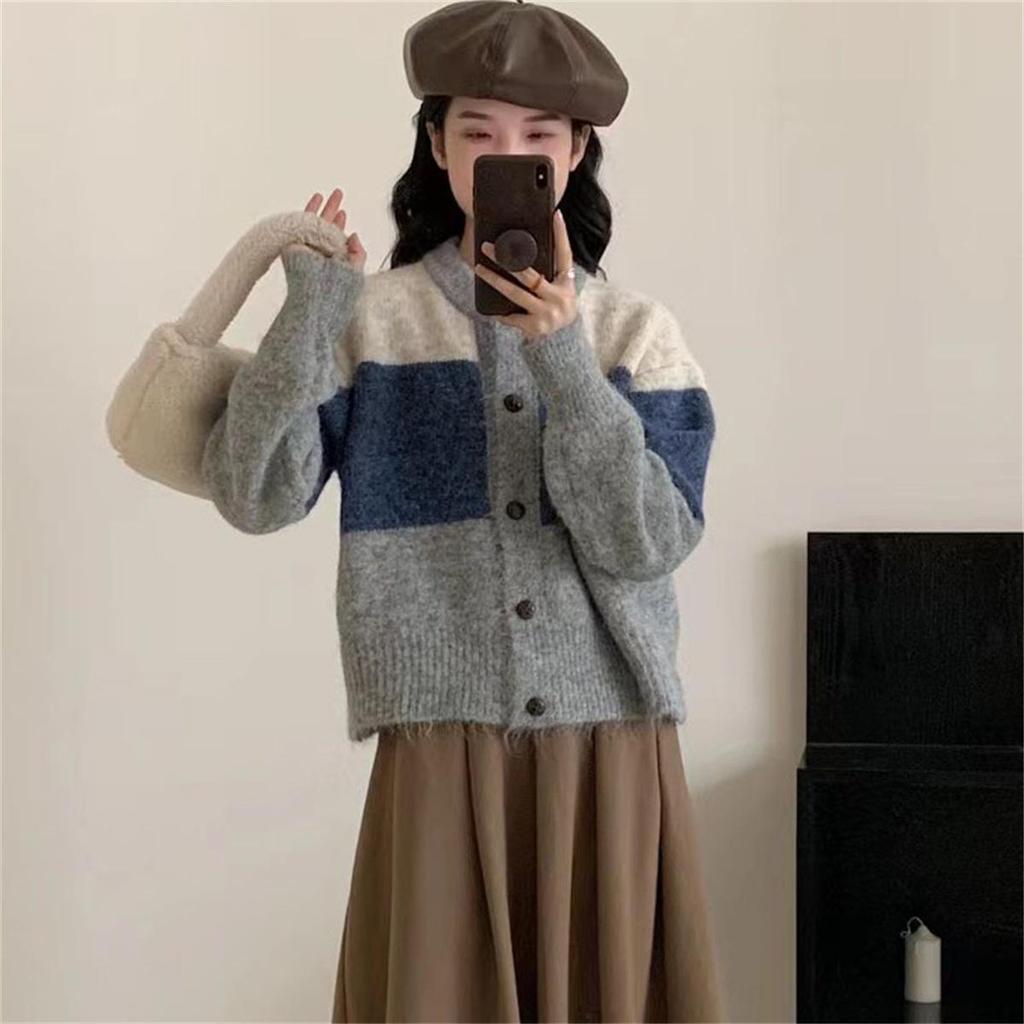 Autumn/Winter 2025 Women's Retro Color Block Striped Knit Cardigan Sweater Coat