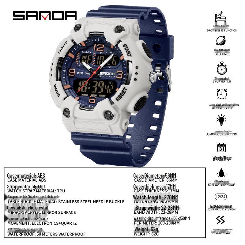 Orologio da polso sportivo multifunzione SANDA unisex con doppio display