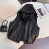 Slimming Faux Leather Vest Jacket Women's Loose Fit Outerwear Thin Short Coat Casual Hooded Vest Autumn Small Size