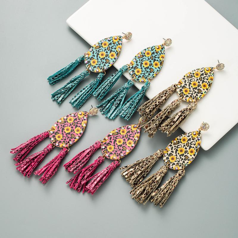 Women Hyperbole Double-sided Daisy Print Drop Earrings Titanium Steel Zircon Crystal Long Tassels PU Leather Bohemia Ear Ornaments