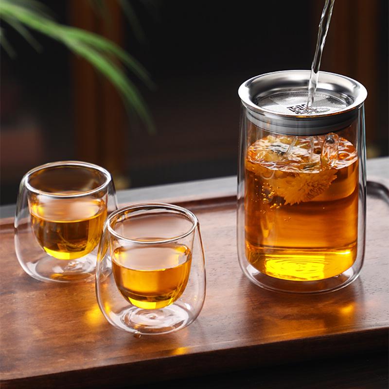 Portable High Borosilicate Double-Layer Glass Tea Infuser with Water Separation Filter for Home and Office Use