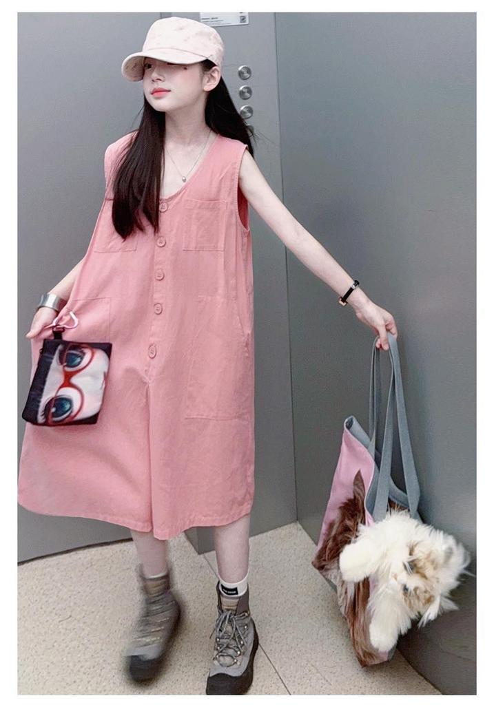 Ärmellose Baumwoll-Leinen-Overalls für Mädchen - Trendiger Koreanischer Stil Weite Beinshorts für den Sommer