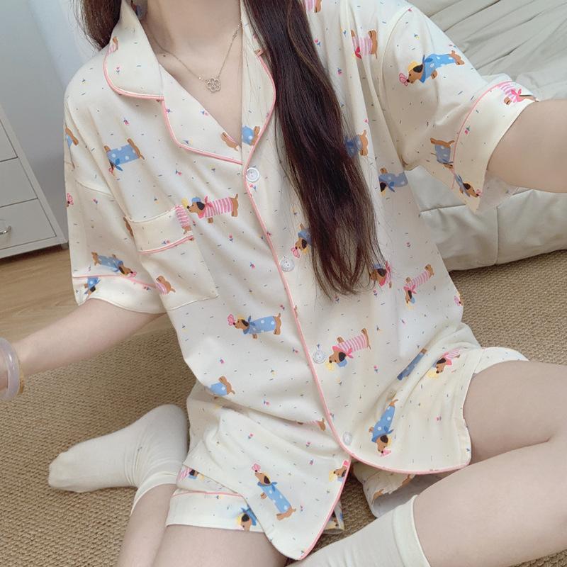 Cartoon Dachshund Home Comfortable Pajamas Women'S Summer Short Sleeve Girls Loungewear Two-Piece Set