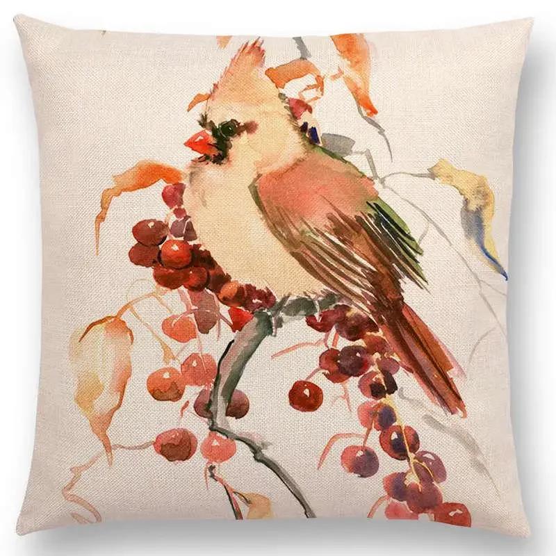 Watercolor Birds Series Cushion Cover Goldfinch Chickadee Cardinal Kingfisher Prints Pillow Case