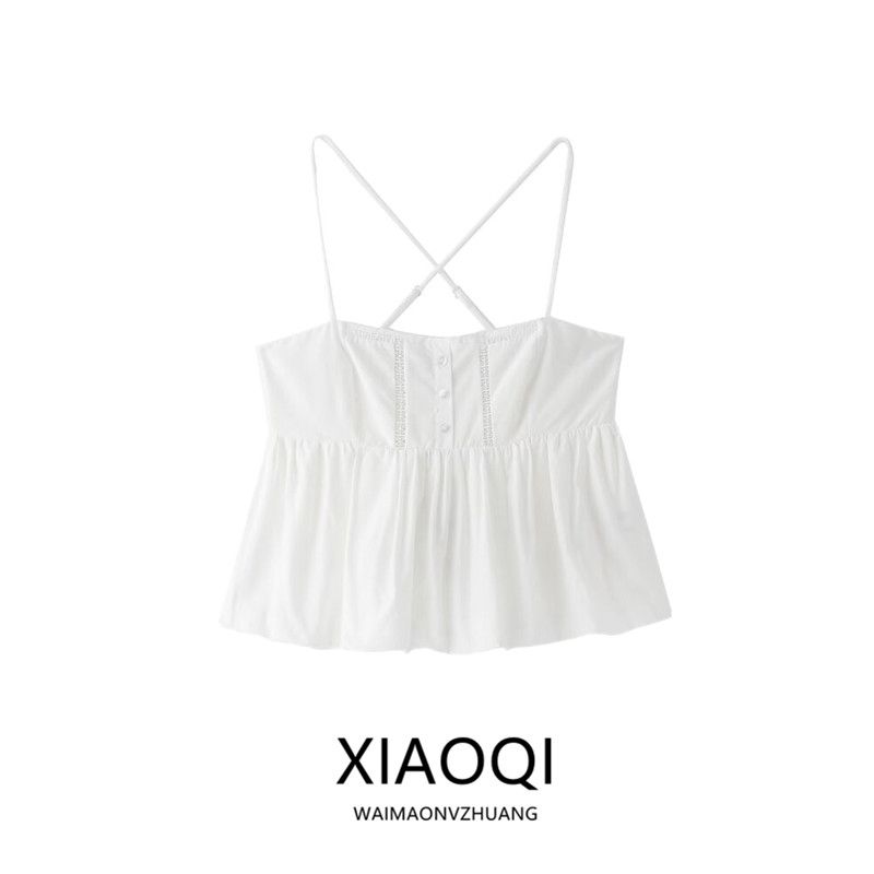 Fashion Style 2024 Summer New Arrival Women's Vertical Lace Decorated Poplin White Suspender Tops 1165167