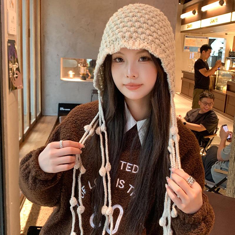Handmade Fashion Shopping Fringed Warm Bag Hat Women Winter Ear Protection Tied Hat Knitted Wool Hat Tide