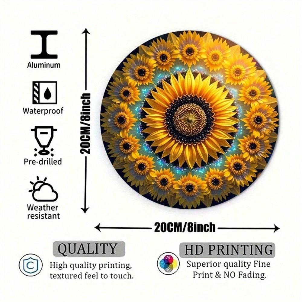Vintage Sunflower Round Metal Wall Art, Yellow Aluminum Sign Decor for Home Farm