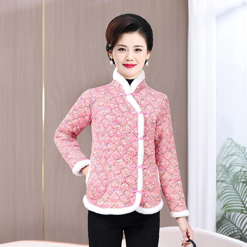 Retro Floral Chinese Style Cotton Padded Jacket for Middle-Aged Women