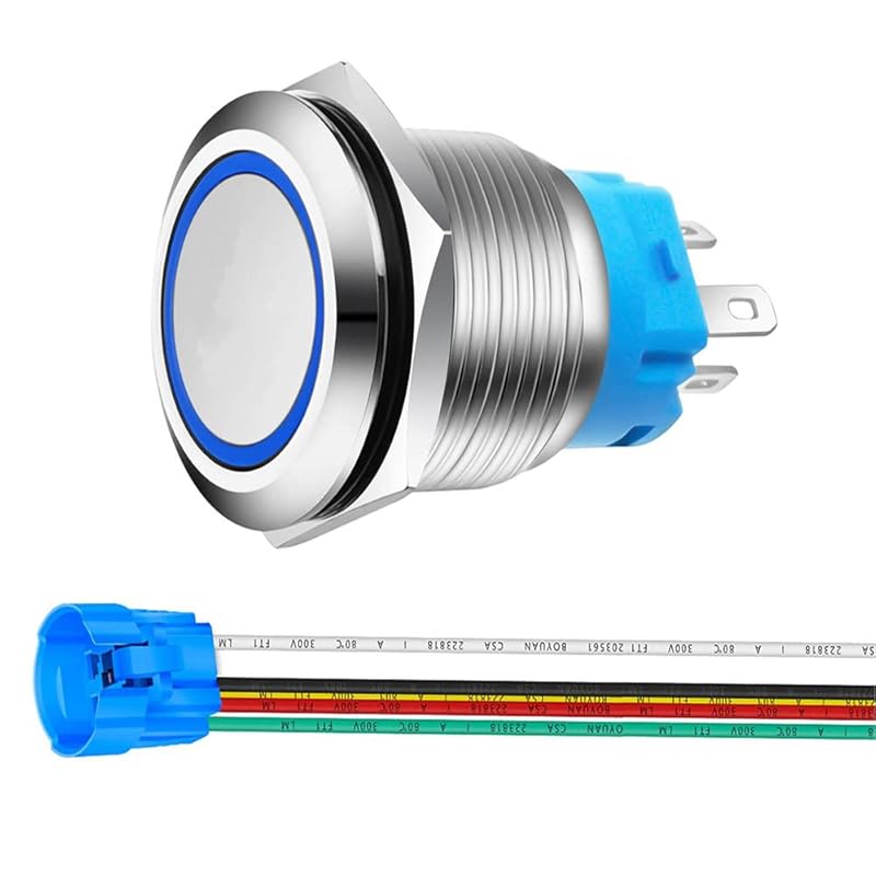 22mm Momentary Push Button with Wire Socket 3A-12-24V(AC/DC) 1NO 1NC SPDT On Off Metal Waterproof IP65 Self Reset (Red&Green LED)