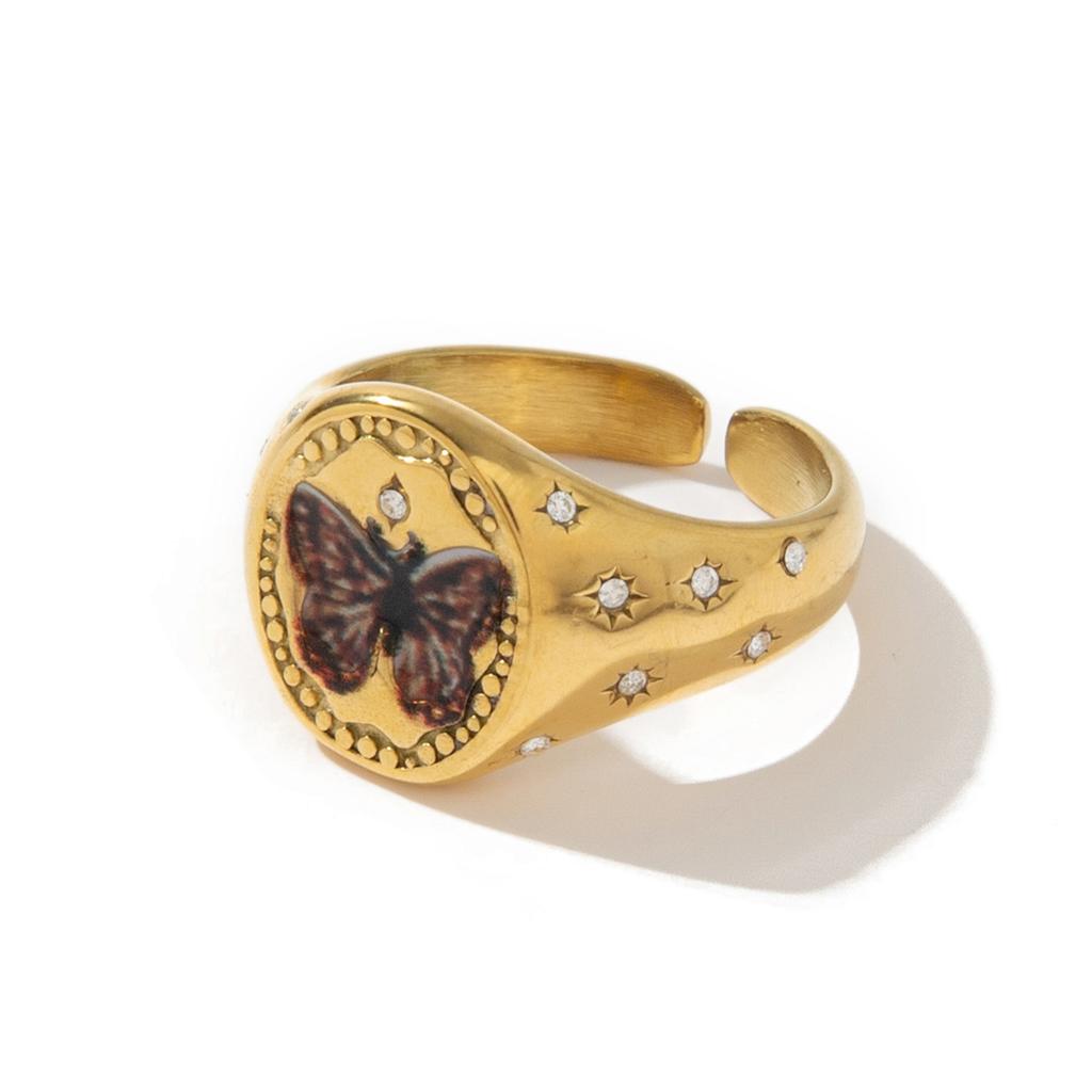 Acciaio al Titanio Moda Luce Lusso Sigillo Dipinto Anello Statement Farfalla Amore Coniglio Fiore Design Personalità Senso del Design Oro 18K