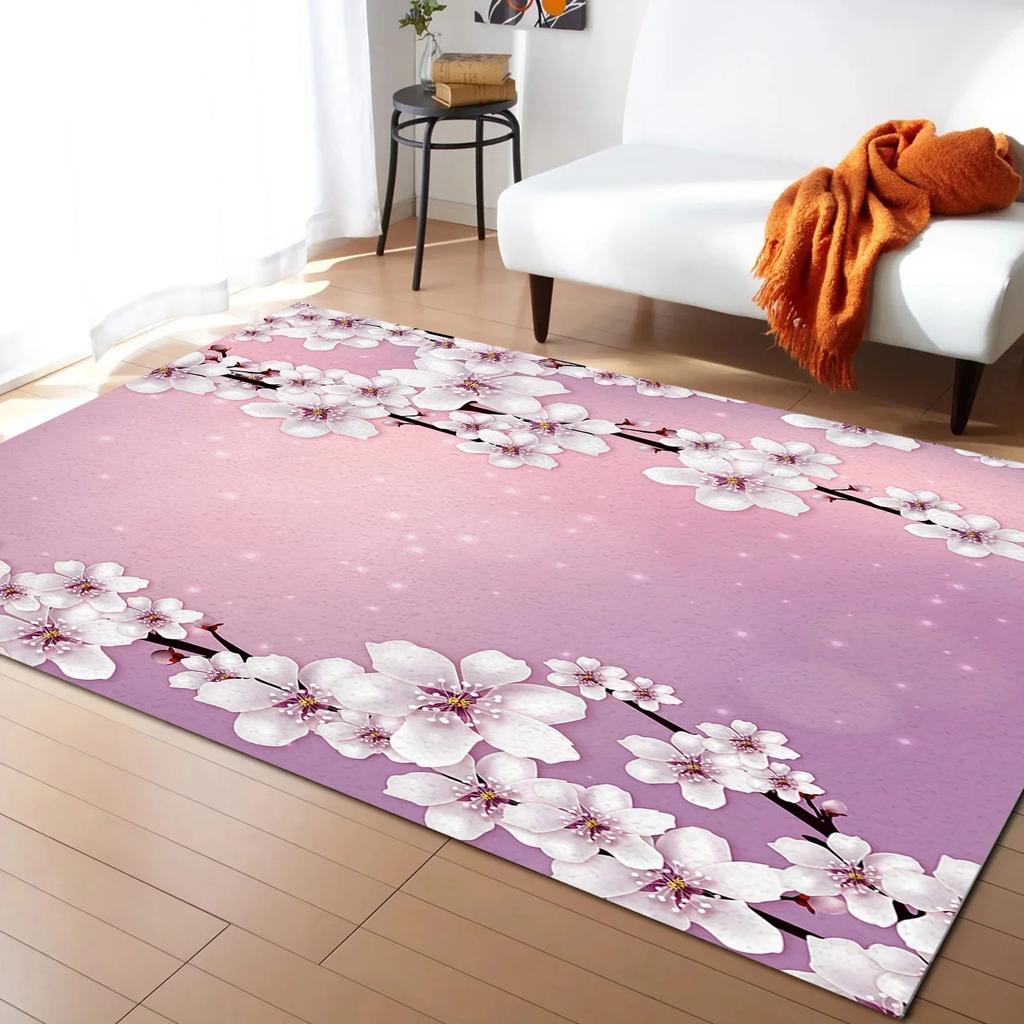 Pink Cherry Blossom Carpet Romantic Floral Spring Carpet | Non-Slip Floor Mat for Girl's Bedroom Bedside Living Room Rugs