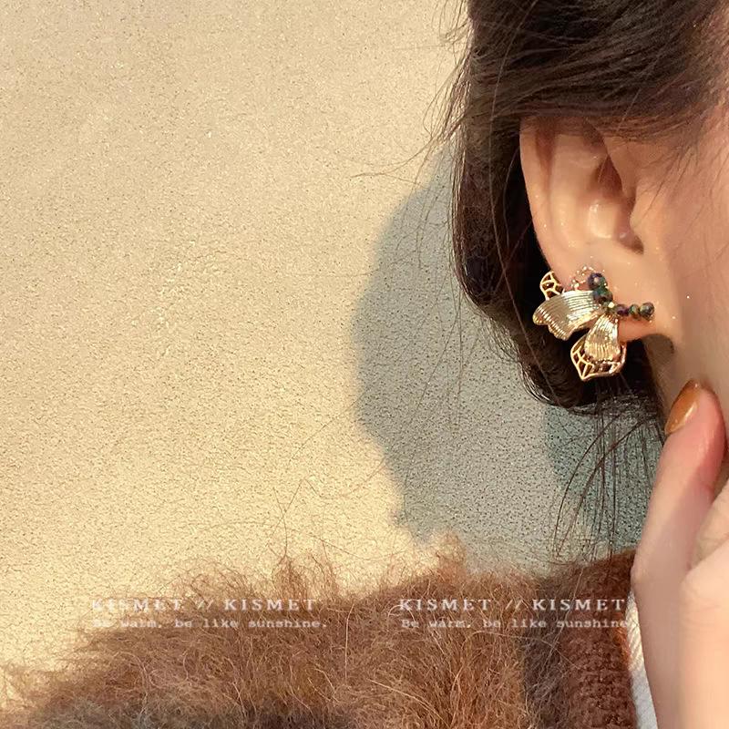 Golden wings~ Flowing gold butterfly stud earrings temperament front and rear earrings earrings