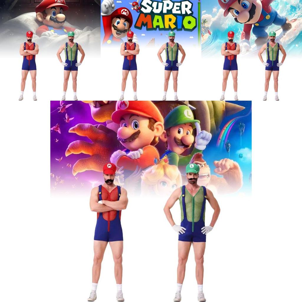 Conjunto de Disfraz de Mario Único Con Sombrero, Guantes, Bigote y Tirantes Para Adultos