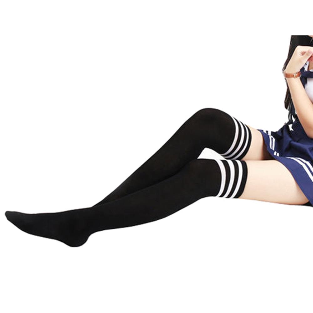 Japanese-style college-style thick cotton black and white striped over-the-knee high socks with three stripes for students