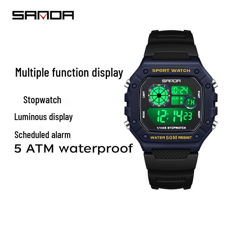 Sanda Teen & Men Multifunctional Waterproof Fashion Square Alarm Clock Watch