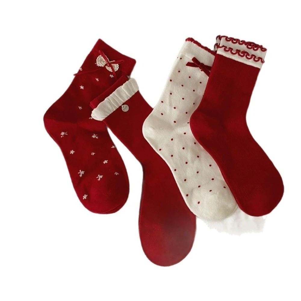 Double Layer Bow Socks Red Color Stacking Socks Trendy Mid Tube Socks  Holiday