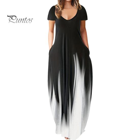 

Женское летнее платье с глубоким вырезом и V-образным вырезом с коротким рукавом и контрастным градиентом цвета Свободные карманы длиной до пола Мягкое дышащее повседневное повседневное платье макси XL белый