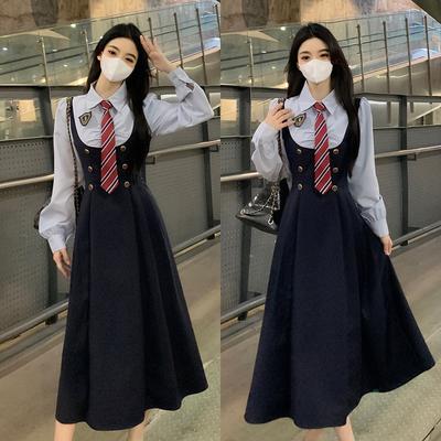 Autumn Fake Two-piece POLO Collar Dress Women's Large Size Temperament Waist College Style Splicing Shirt Skirt