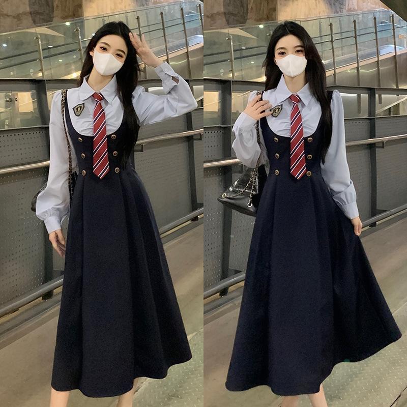 Autumn fake two-piece POLO collar dress women's large size temperament waist college style splicing shirt skirt