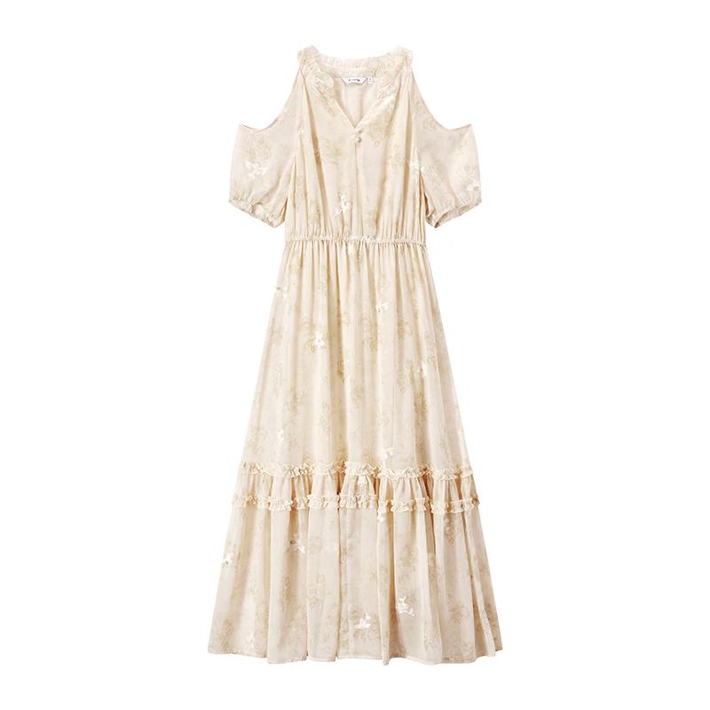 Xiangying Chiffon Floral V-Neck A-Line Dress S