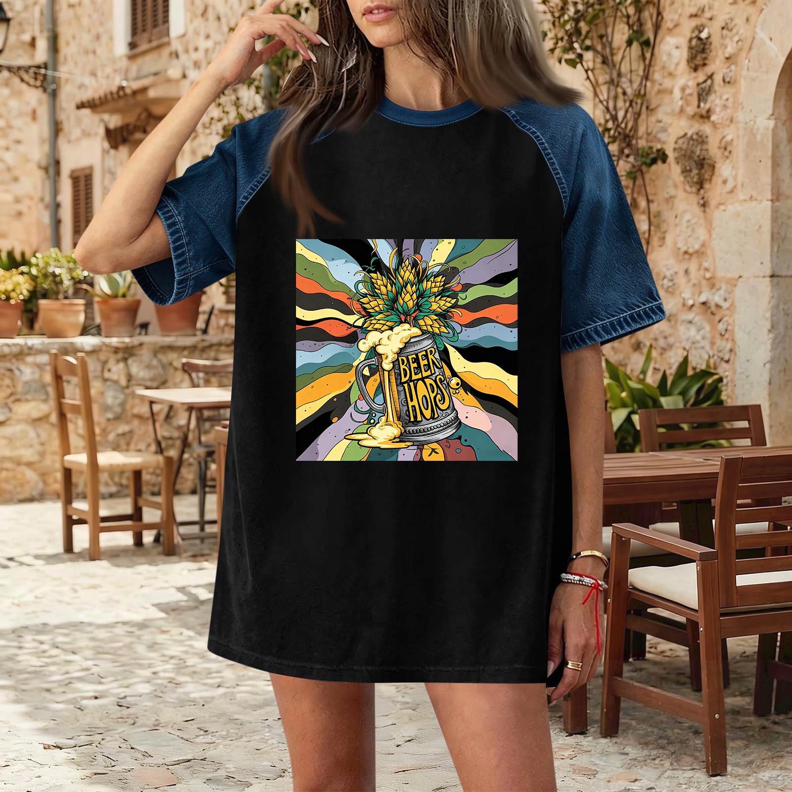 

Casual Women Denim Patchwork Short Sleeve T Shirt Oktoberfest Print Comfortable Loose Fit Top XL чёрный