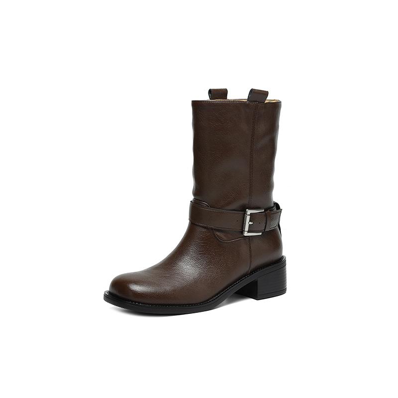 Fashion New Autumn/winter Split Leather Women Boot Round Toe Shoes for Women Fashion Boots Chunky Heels Mid-calf Boots Western Boots