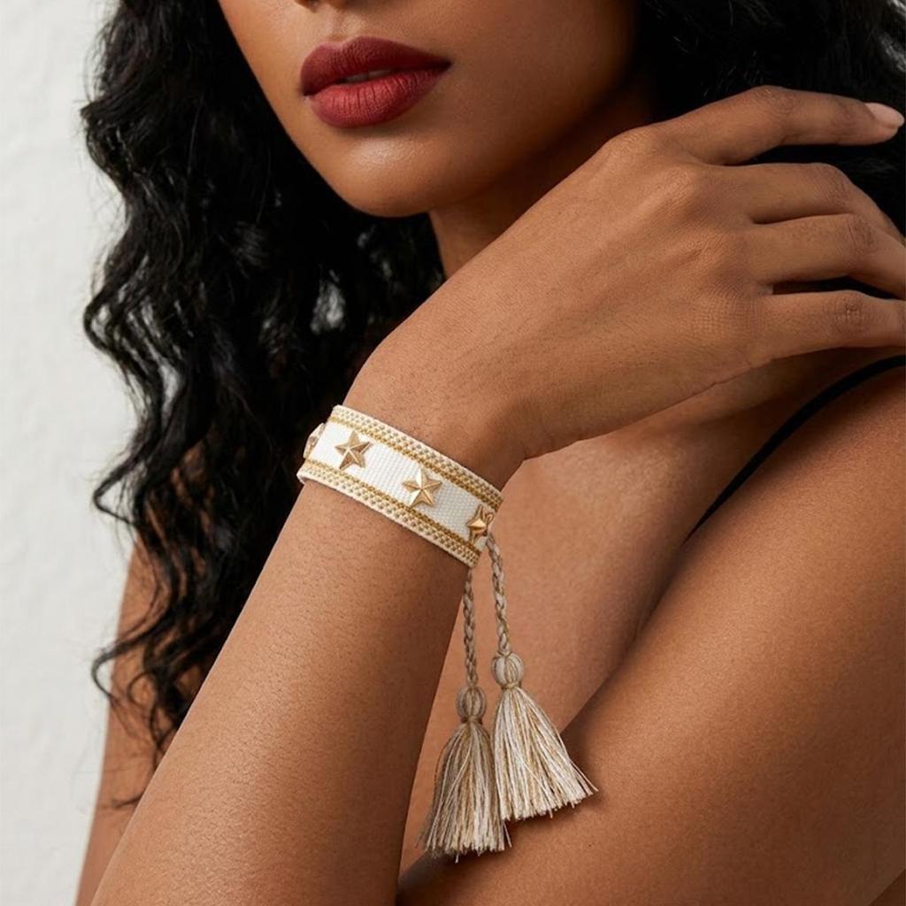 Gold Heart-Shaped Rivet Woven Friendship Bracelet with Tassel