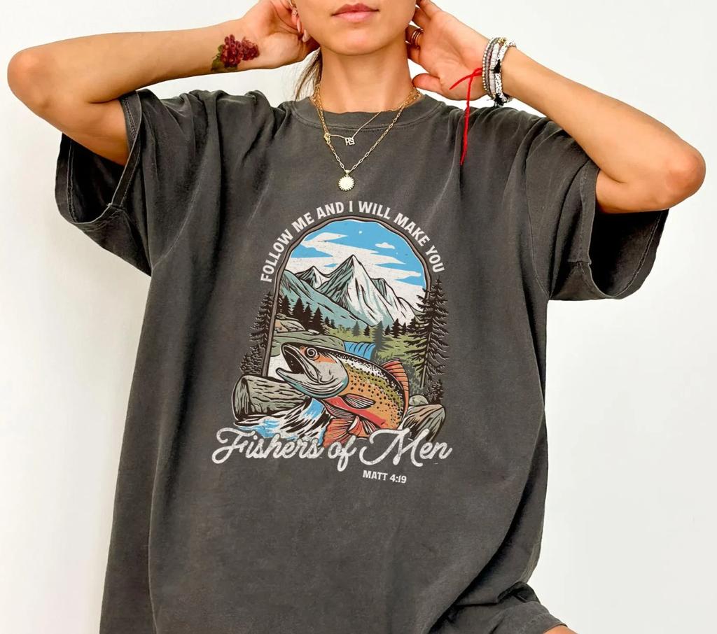 Fishers of Men Shirt Vintage Christian Fishing Graphic Tee Faith Fisherman Shirt