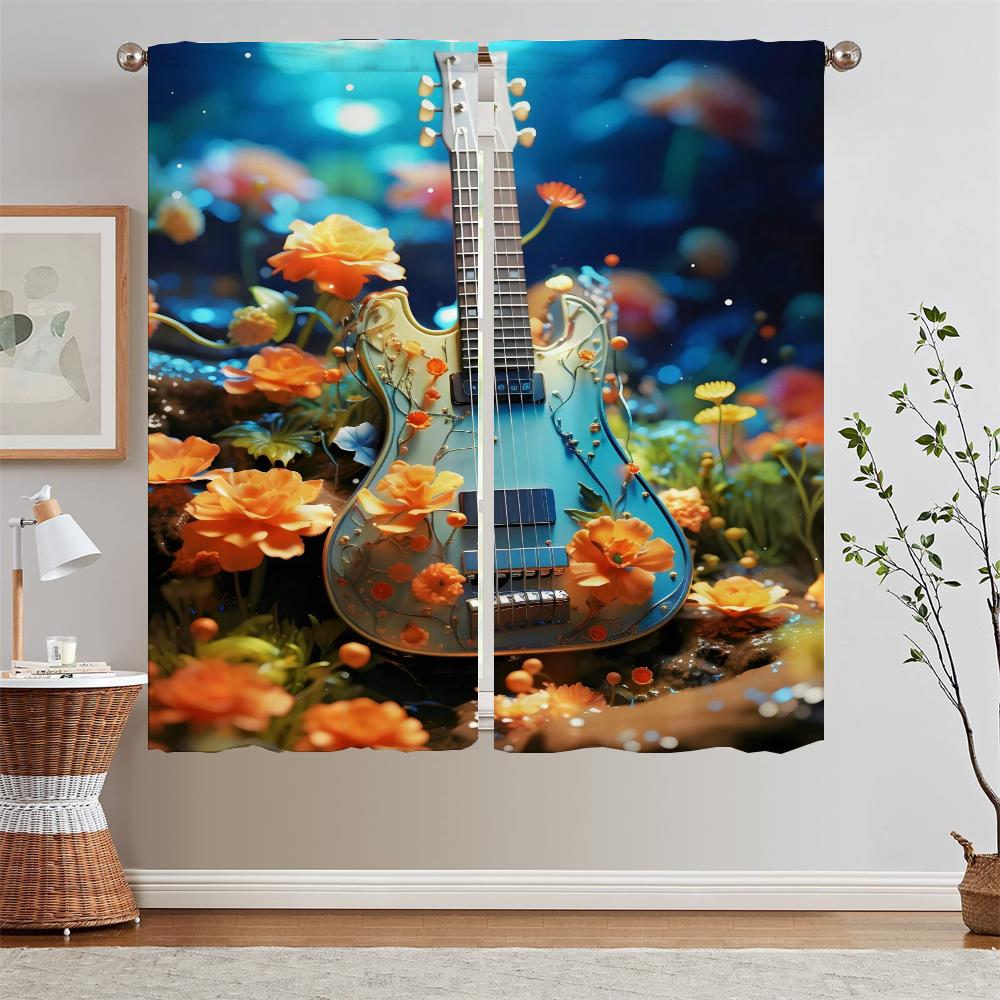 Antique Guitar Bedroom Curtains 2 Pieces Modern Home Decoration Curtain Rods Partition Window Sheer Curtains for Living Room