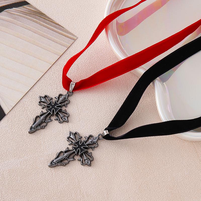 European & American Dark Style Velvet Choker with Hollow Cross Pendant